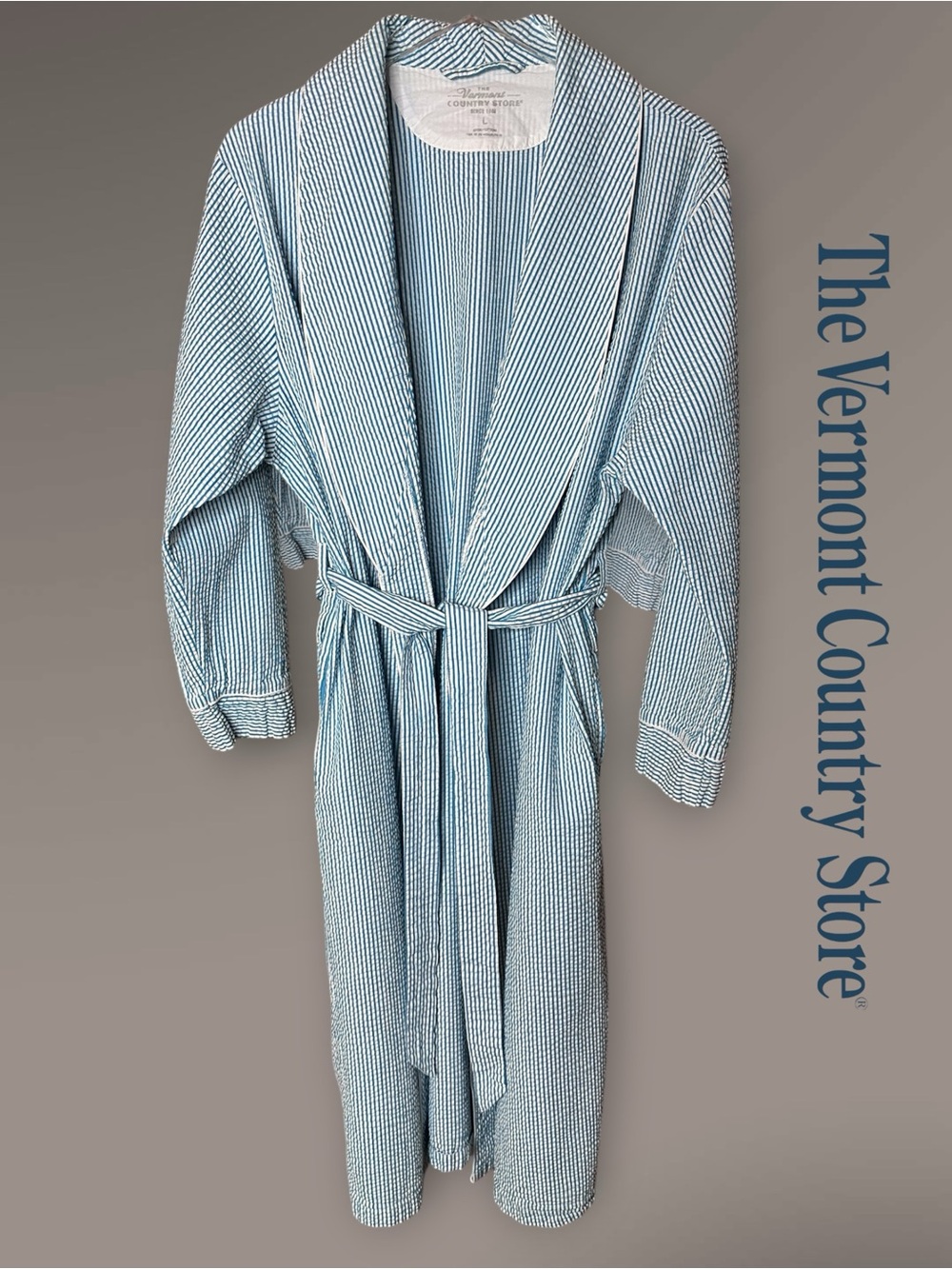 The Vermont Country Store Blue & White Striped Seersucker Bathrobe w/ Tie Large